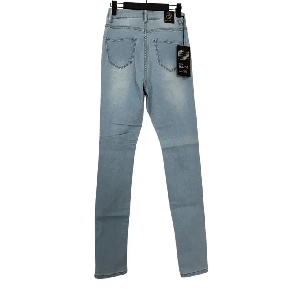 NWT‎ B.O.B Juniors Skinny Stretch Jeans Destructed Light Wash Denim Size 3/4